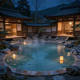 cozy hidden empty tiered hot springs next to grand japanese pogotas night by greg rutkowski craig mullins ross tran mucha levitating lanterns lumen reflections matte painting fantasy specular lighting trending on artstation