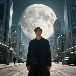 In a futuristic space city of Neo Norilsk on the Moon, a Mysterious man is standing in the middle of a street photo by Trent Parke, the sun is blinding, a Russian city on the Moon