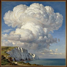massive fluffy clouds approaching over background cliffs of dover, very detailed, in the style of a ernst haeckel and john atkinson grimshaw masterpiece mural