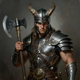 a photorealistic painting of Conan the slayer , in a horned helmet and ironpunk death metal armor, wielding an axe, extremely muscular male fantasy hero, extremely detailed, mixed media style comic book artwork, artstation, medieval fantasy art, sharp focus, perfectly symmetrical facial features, melancholy lighting, art by Barry Windsor-Smith and Bill Sienkiewicz , hyperrealism, golden ratio, hyperdetailed, heavily detailed and intricate