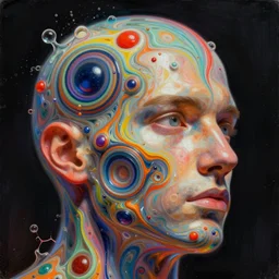 illustration of a colorful melting human head. circles, ferrofluids, water distortions. intricate abstract. intricate artwork. beeple