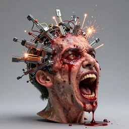 uhd hyperrealistic photorealisitc hyperdetailed detailed ben shapiro head exploding, puking blood, screaming, with sparking circuits, studio lighting, by ayami kojima amano karol bak, greg hildebrandt and mark brooks