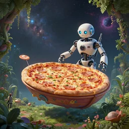 beautiful digital fantasy illustration of a robot in a garden, surreal, beautiful, insane detailed, layered pizza dream boat floating in the cubic space of cosmic terror, highly detailed, soft lighting, rendered in octane, masterpiece, very very very aesthetic