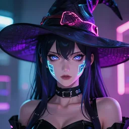 cyber witch femme fatale anime waifu girl wearing neon mesh witch hat. cyber cube symmetrical face. symmetrical detailed defined eyes. beautiful lineart. bokeh pixiv # 1 ranking depth focus, chromatic aberration, noise, soft lighting, srgb, 4 k, cinematic rembrant kuvshinov ross tran craig mullins leyendecker wlop guweiz