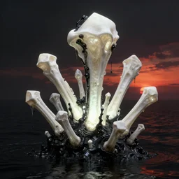 octane, blender, zbrush render, render uhd, 8 k art photography, filmic lighting, cinematic art shot, hyperrealistic, hyperdetailed, super detailed, uhd, uhd, 8 k, high resolution, mysterious strangle glowing crystalline structure made of white bones, black fluid simulation, painting by ross tran and ivan aivazovsky, black water, sunset by zdzisław beksinski