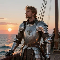 portrait of a medieval ship pilot on a ship looking into the sunset on the sea, wearing breastplate, digital art, bokah, high fantasy art style