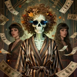 portrait, anthropomorphic 💀, striped bathrobe, curly hair, electric sunglasses, surrounded by floating autumn dollar bills, fantasy, detailed, intricate, luminescent, elegant, coherent, by mandy jurgens, hannah yata and kay sage, donato giancola, detailed, artstation, cinematic lighting, artdeco, art deco outrun aesthetic