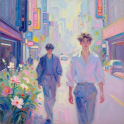 acrylic painting, impressionism and expressionism, strong emotional impact, bold pastel colors, expressive brushstrokes, overall sense of movement in the composition. a cyberpunk streetscape lined with beautiful flowers, by liam wong and tyler edlin, trending on artstation