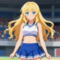 a very beautiful young anime cheerleader girl, full body, long wavy blond hair, sky blue eyes, full round face,, bikini, miniskirt, front view, mid - shot, highly detailed, cinematic wallpaper by stanley artgerm lau