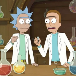 rick sanchez and morty smith are brewing potions with walter white, rick and morty tv series, highly detailed, digital art, trending on artstation