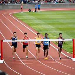 high quality slit - scan photo of runners at the finish line on running track, finish line camera photo