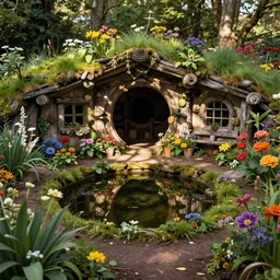detailed fairy hollow with a pond and flowers, by Cecily Mary Barker