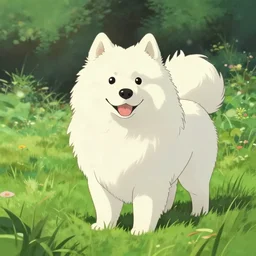a wholesome animation key shot of a samoyed dog in a field of grass, medium shot, studio ghibli, pixar and disney animation, sharp, rendered in unreal engine 5, anime key art by greg rutkowski, bloom, dramatic lighting