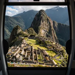 Interior of a cable car over Machu Picchu, looking out of the window