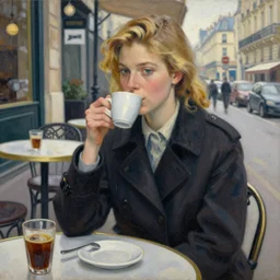 a painting of a blonde young woman drinking coffee in paris terrasse, by ben aronson
