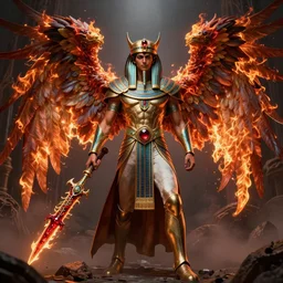 gothic fantasy character portrait, egyptian armor male warlock with [ [ [ [ [ [ burning ] ] ] ] ] ] angel wings, ultra realistic, wide angle, intricate details, ruby dragon artifacts, sharp focus, highly detailed by peter mohrbacher, hajime sorayama, wayne barlowe, boris vallejo, aaron horkey, gaston bussiere, craig mullins