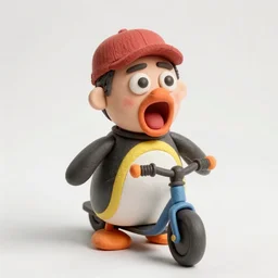 screaming danny devito riding pingu in claymation style