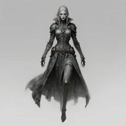 female revenant, undead, grey tarnished longcoat, vengeful, floating, no legs, high fantasy, steampunk, monochromatic, detailed face, highly detailed, smooth, shrap focus, matte digital illustration, by koyorin, donato giancola, pixiv