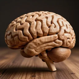 a wooden brain, brain made of wood, macro shot, detailed photograph