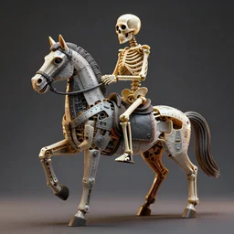 a scuplture of a skeleton riding a horse made from parts of plastic toys and riveted together, plastic, hyperdetailed, ultra realistic, octane render, 8 k, cinematic, atmospheric lighting, volumetric lighting