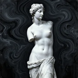 venus de milo, swirly liquid fluid abstract art, boticelli venus, wassili kandinski, black colors, beautiful female body portrait