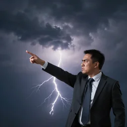 manager pointing finger left, dark clouds, lightning, sombre, inspirational, angry