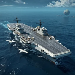 Aircraft carrier CVN-65 Enterprise, capsized, on the ocean of an alien world, screenshot from the video game 'Subnautica'