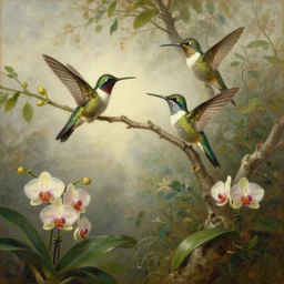 a beautiful painting of humming birds on a tree in brazil surrounded by orchids on a misty day in the style of martin johnson heade, painterly, beautiful artwork, famous painting by martin johnson heade
