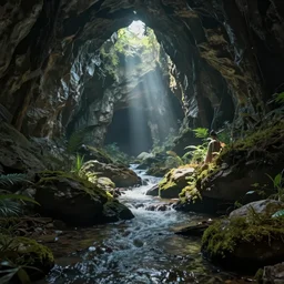 a photorealistic hyperrealistic render of a beautifully underground stream fantasy scene by greg rutkowski, wlop, artgerm, dramatic lighting, strong shadows, volumetric, cinematic atmosphere, octane render, artstation, 8 k