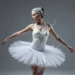 woman model with white paint splashing on her forming a tutu. high speed studio photo. dramatic rembrandt lighting. iain crawford, viscus fluid