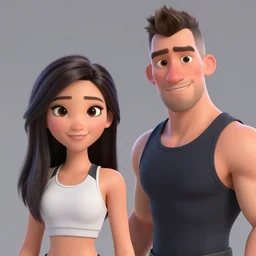 young beautiful athletic Filipino woman with long hair and a handsome caucasian athletic thin man with short buzzed hair, high widows peak, stubble on his face, both depicted as Pixar characters, high quality cg render