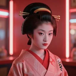 early 1 9 0 0 s maiko, single portrait, fluent composition, red and white neon, concept art, ambient light, 4 k, intricate details, highly professionally detailed, cgsociety, highly detailed -