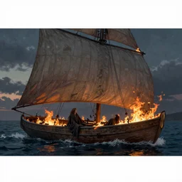 Death of Arwen in burning sailboat in the evening, detailed matte painting, cinematic, Alan Lee, Artstation