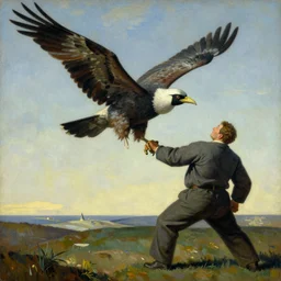 a painting of a huge bird trying to fly away while a big man is holding him back by its foot, in the style of hopper
