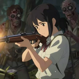 a girl with a rifle shooting zombies, full shot, atmospheric lighting, detailed face, by makoto shinkai, stanley artgerm lau, wlop, rossdraws