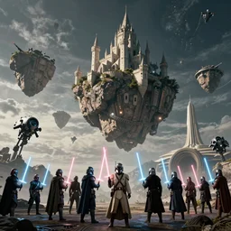 still image screenshot floating boulder planet, castles floating in mid air, jedi temples from the tv show mandalorian on disney +, knights of ren scene with a dozen jedi soldiers igniting lightsabers looking up at - at imperial walkers, anamorphic lens, 3 5 mm film kodak