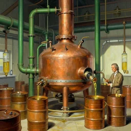 machine apparatus for making snake oil, huge copper machine fed by green pipework, art by glenn fabry and wayne barlowe, barrels of snake oil in a hermetically sealed production line