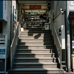home video footage, a stairs of the electronic shop in japan ; daylight, summer, color vhs picture quality