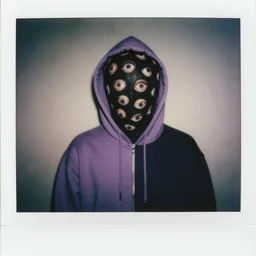 medium shot, surreal photo of a black and lilac hoodie, with many eyes looking gleaning staring from the hood, creepy, 9 0 - s, polaroid photo, by warhol,