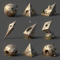 game asset sheet, abstract shapes, collectable prizes items hyper realistic rendering