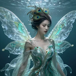 prompt full body portrait of a close up beautiful female fairy, translucent silky dress made of peacock feather, fluid simulation, peacock feather wrap the head, underwater ink env, backlit wispy gigantic wings , hyperrealistic intricate details, asian face, by Peter Mohrbacher, trending on artstation, 8k