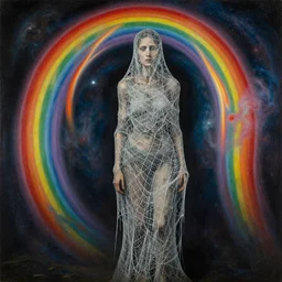 a withered woman wrapped in cobwebs, standing next to a rainbow portal of of nebulas, by paula rego