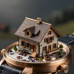Macro photograph of a beautiful miniature Swiss chalet on an intricate watch mechanism, architectural render, steampunk, photorealistic, Rolex, Breitling, Jacob & Co, Omega, Tag Heur, Hublot