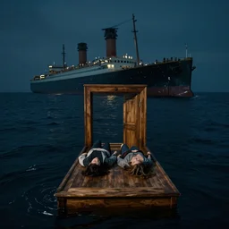 a large wooden door floats on the surface of the dark waters of the atlantic ocean, a man and woman are both laying down horizontally on top of it, behind them the titanic sinks, protruding upward from the water, night, wide angle, cinematic