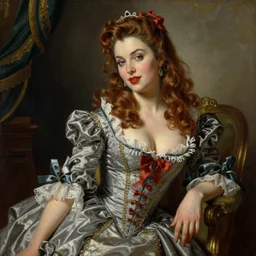 alexandra daddario dressed in pin up style, ultra detailed, beautiful, decolte, by greg hildebrandt fancy rococo baroque oil painting high quality clothed in fancy garb in pin up style