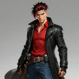 An epic fantasy comic book style portrait painting of a young man with black and red cowlick undercut haircut, wearing a red shirt with X symbol, black overcoat, blue jeans. Wearing a ki power scouter. Unreal 5, DAZ, hyperrealistic, octane render, cosplay, RPG portrait, dynamic lighting
