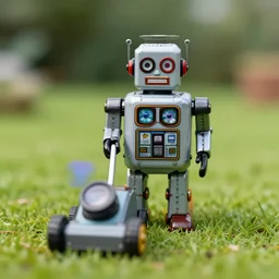closeup portrait of tin toy retro robot mowing the lawn, depth of field, zeiss lens, detailed, centered, fashion photoshoot, by nicoletta ceccoli, mark ryden, lostfish, breathtaking, 8 k resolution, extremely detailed, beautiful, establishing shot, artistic, hyperrealistic, octane render