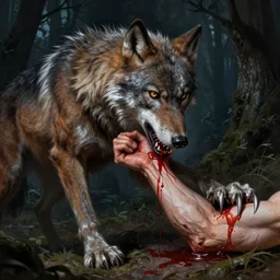 a male werewolf devouring an human arm, blood, long claws, dark forest at night, by greg rutkowski and alphonse mucha, gradient brown to silver, highly detailed, digital painting, artstation, concept art, smooth, sharp focus illustration