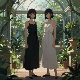 two women standing in an elegant greenhouse garden, dramatic lighting, illustration by greg rutkowski, yoji shinkawa, 4 k, digital art, concept art, trending on artstation