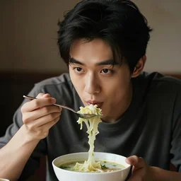 young man eating cabbage soup